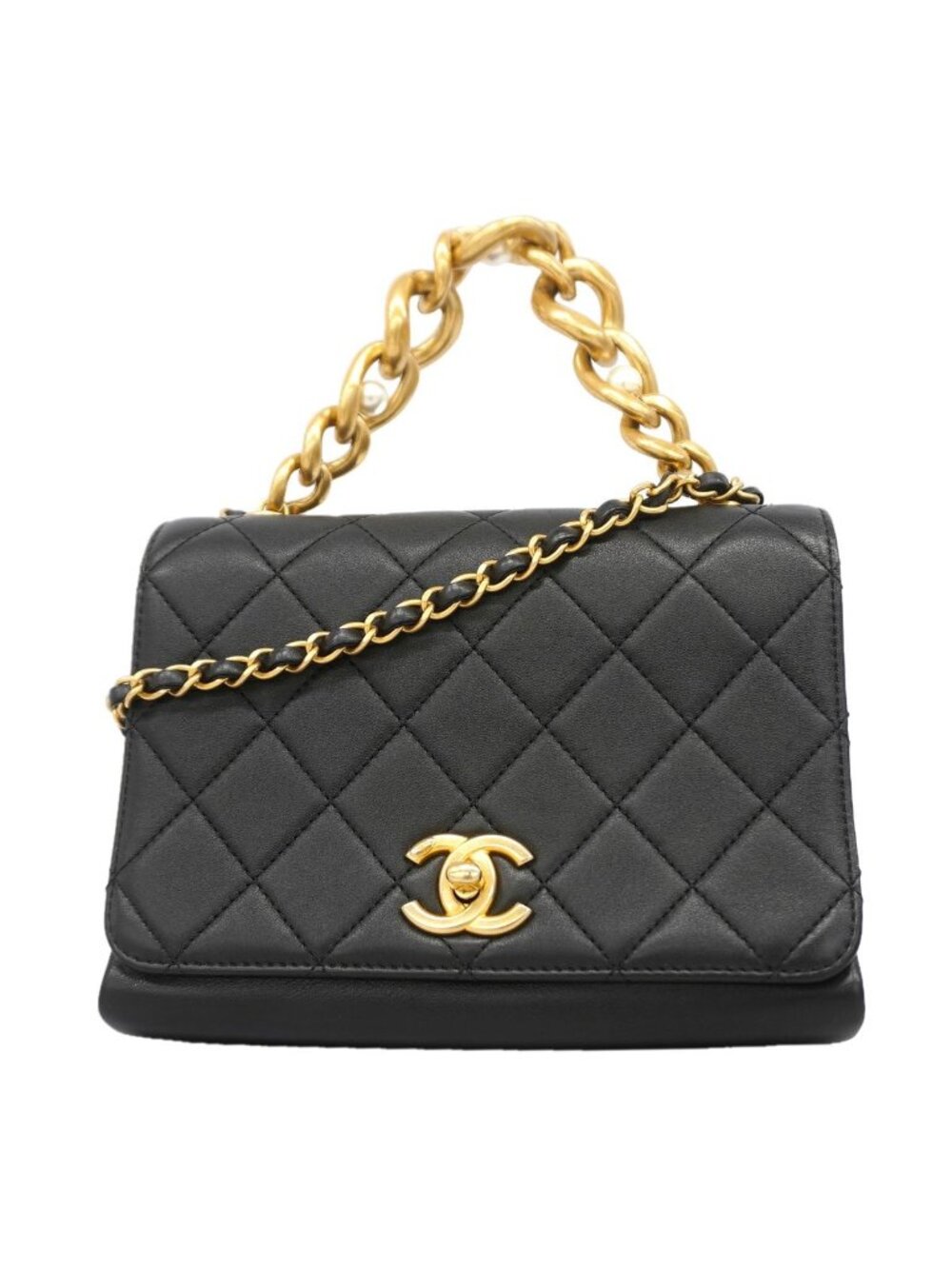 Chanel Shoulder Bag Quilted Lambskin Black Gold